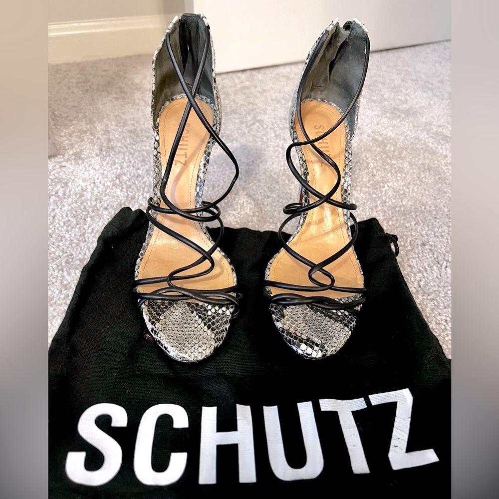 SCHUTZ Snake Print Strappy Heeled Sandals - size 7.5